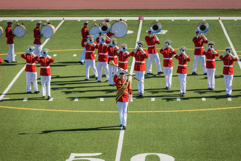 The USMC Drum & Bugle Corps perform